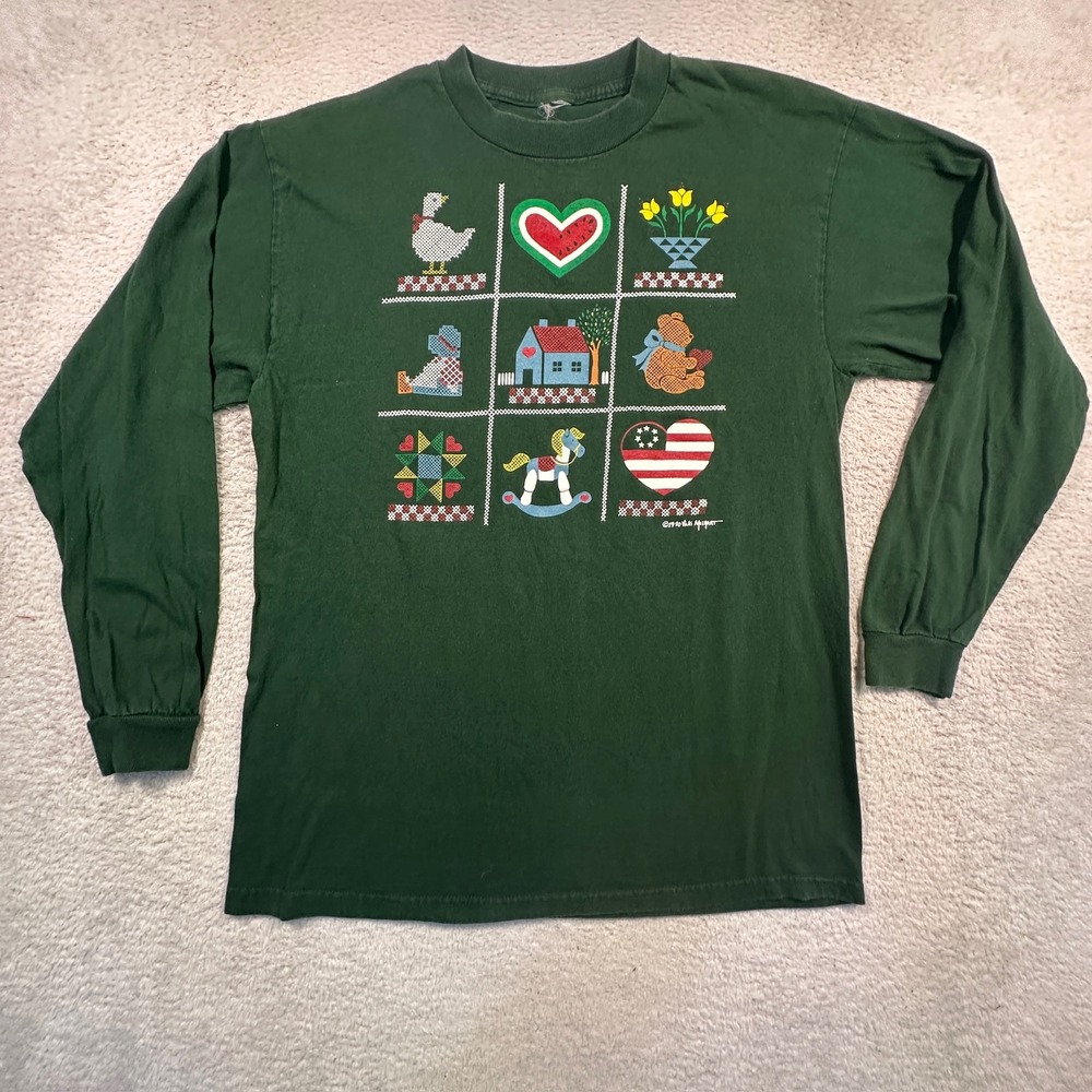 Vintage 90s Vicki Melhart Long Sleeve T‎ Shirt Cottagecore Art Green Tee 1990